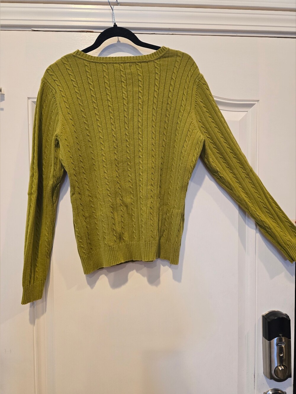 IZOD Cable Knit Sweater Chartreuse Green Crew Neck Purple Logo Womens Large - Picture 2 of 5